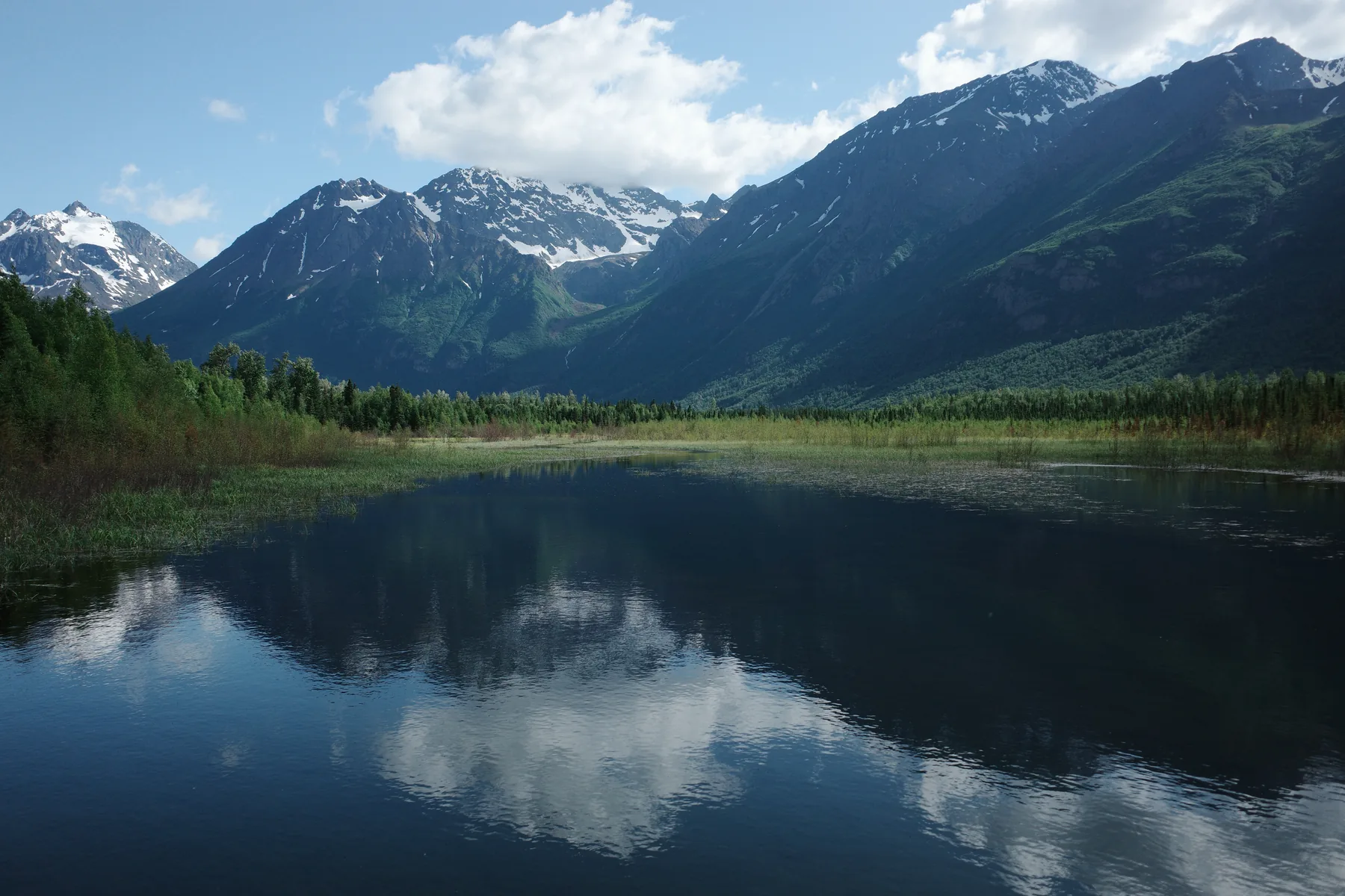 Snow-streaked mountains reflected in a still lake